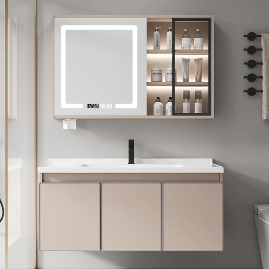 Mueble de tocador de baño de madera maciza fabricado en China con encimera de cerámica, lavabo artístico, armario con espejo LED