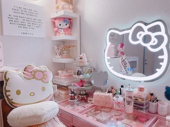 Impressions Vanity Hello Kitty Espejo de pared Espejo de tocador de maquillaje sensible al tacto inteligente y tira de luz LED con atenuación que cambia de color Espejo para muebles Jinghu