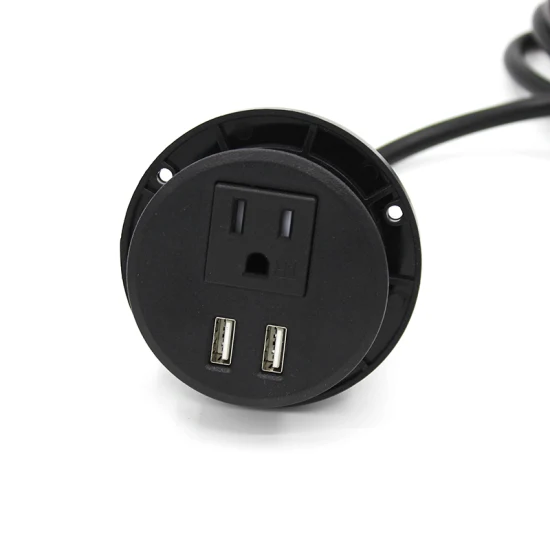 Ojal de alimentación de 2 pulgadas, enchufe múltiple empotrado, toma de corriente con orificio para escritorio, toma de ojal redonda con 2 cables de alimentación USB de 10 pies, color negro